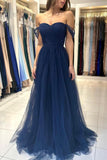 Glamorous A-line Sweetheart Off-The-Shoulder Tulle Long Ruffles Prom Dresses