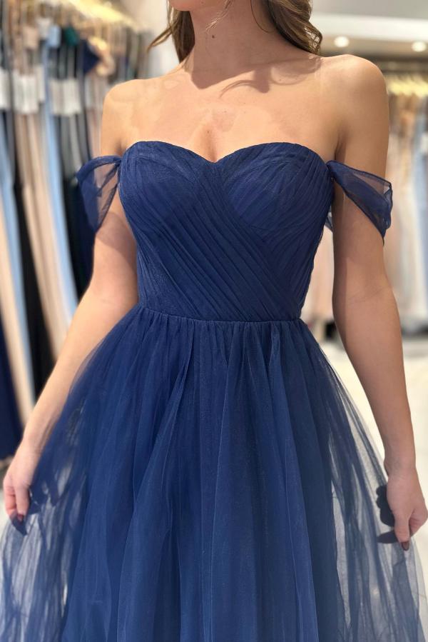 Glamorous A-line Sweetheart Off-The-Shoulder Tulle Long Ruffles Prom Dresses