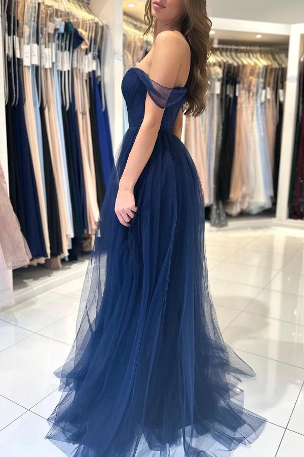 Glamorous A-line Sweetheart Off-The-Shoulder Tulle Long Ruffles Prom Dresses