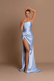 Simple Mermaid Strapless Sleeveless Satin Long Prom Dress with high Slit