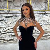 Gorgeous A-line High Neck Velvet Beading Ankle Length Prom Dresses