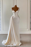 Mermaid One-Shoulder Sweetheart Satin Long Beading Prom Dress with Side-Draped