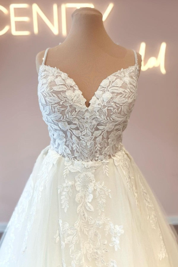 Simple A-Line Sweetheart Spaghetti Straps Tulle Lace Long Wedding Dresses