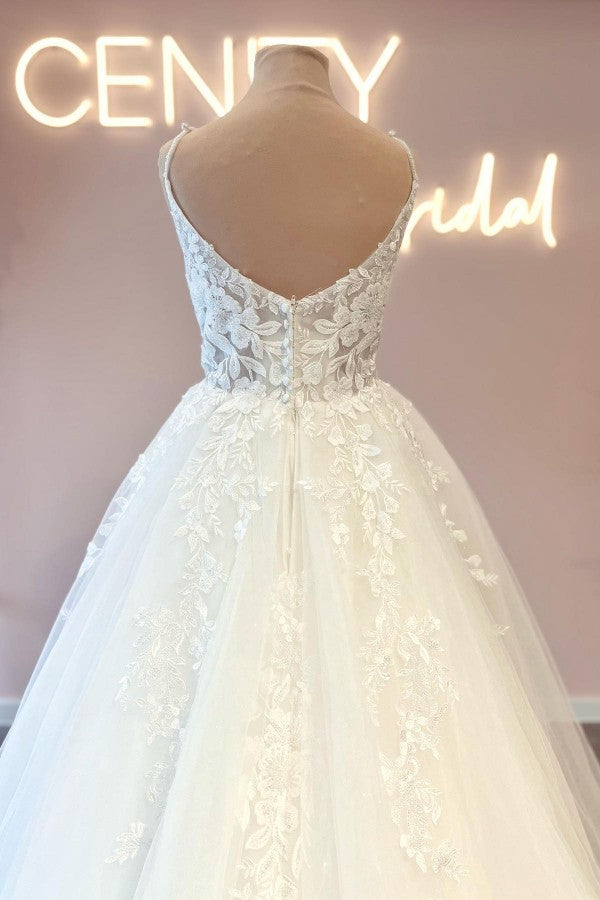 Simple A-Line Sweetheart Spaghetti Straps Tulle Lace Long Wedding Dresses