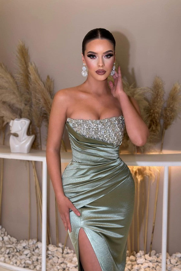 Sexy A-Line Strapless Satin Sleeveless Long Beading Prom Dresses with Slit