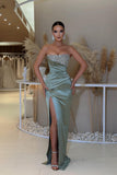 Sexy A-Line Strapless Satin Sleeveless Long Beading Prom Dresses with Slit