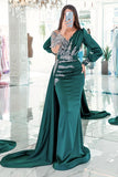 Gorgeous Mermaid V-neck Satin Long Beading Prom Dress with Long Sleeves