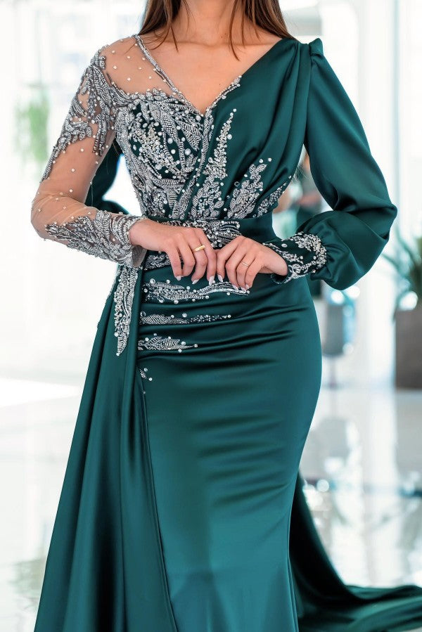 Gorgeous Mermaid V-neck Satin Long Beading Prom Dress with Long Sleeves