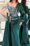 Gorgeous Mermaid V-neck Satin Long Beading Prom Dress with Long Sleeves