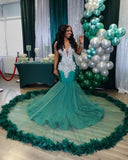 Charming Long Mermaid V neck Sleeveless Tulle Beading Prom Dress