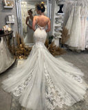 Elegant Long Mermaid V-neck Lace Open Back Wedding Dresses