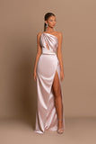 Simple A-line One Shoulder Satin Long Split Front Prom Dresses