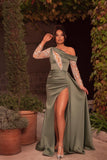 A-line One Shoulder Satin Long Beading Front Slit Prom Dress with Sleeves