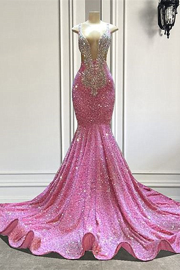 Gorgeous Mermaid V-Neck Sequined Sleeveless Long Beading Prom Dress with Ruffles