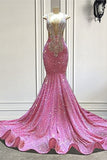 Gorgeous Mermaid V-Neck Sequined Sleeveless Long Beading Prom Dress with Ruffles