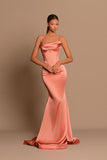 Mermaid Square Neckline Spaghetti Straps Satin Long Prom Dress with Ruffles