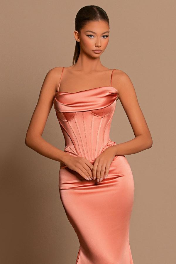 Mermaid Square Neckline Spaghetti Straps Satin Long Prom Dress with Ruffles