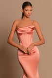 Mermaid Square Neckline Spaghetti Straps Satin Long Prom Dress with Ruffles