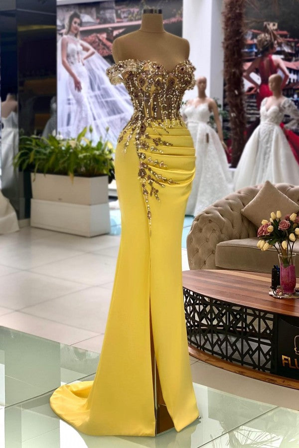 Gorgeous Yellow Mermaid Off-the-shoulder Satin Long Beading Prom Dresses With Split - 27Dress