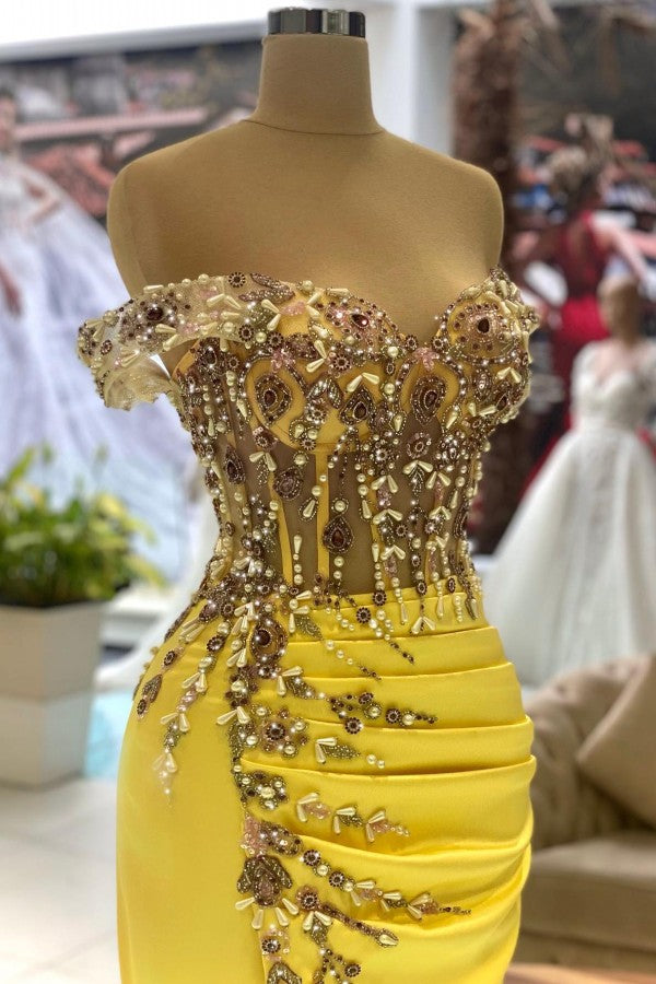 Gorgeous Yellow Mermaid Off-the-shoulder Satin Long Beading Prom Dresses With Split - 27Dress