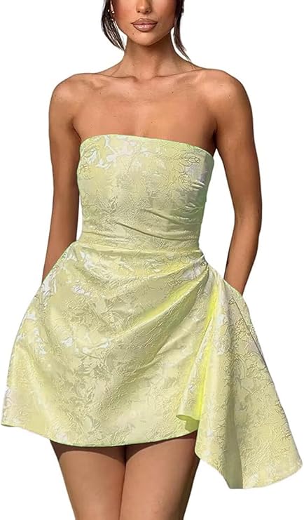 Short A-line Strapless Sleeveless Asymmetrical Lace up Jacquard Satin Homecoming Dress