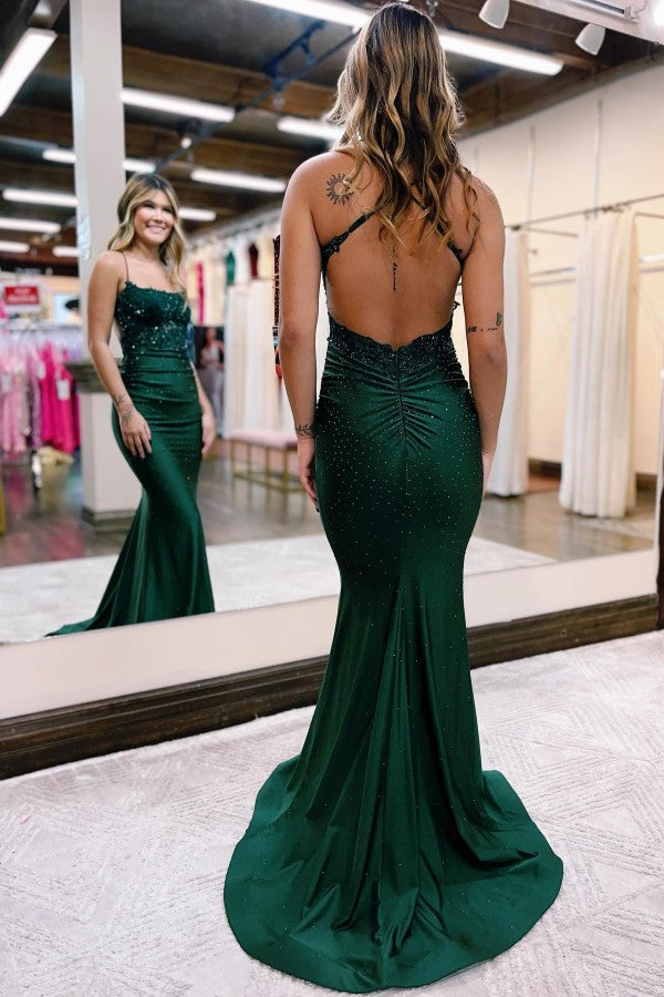 Mermaid Bateau Spaghetti Straps Satin Long Beading Prom Dress with Appliques Lace