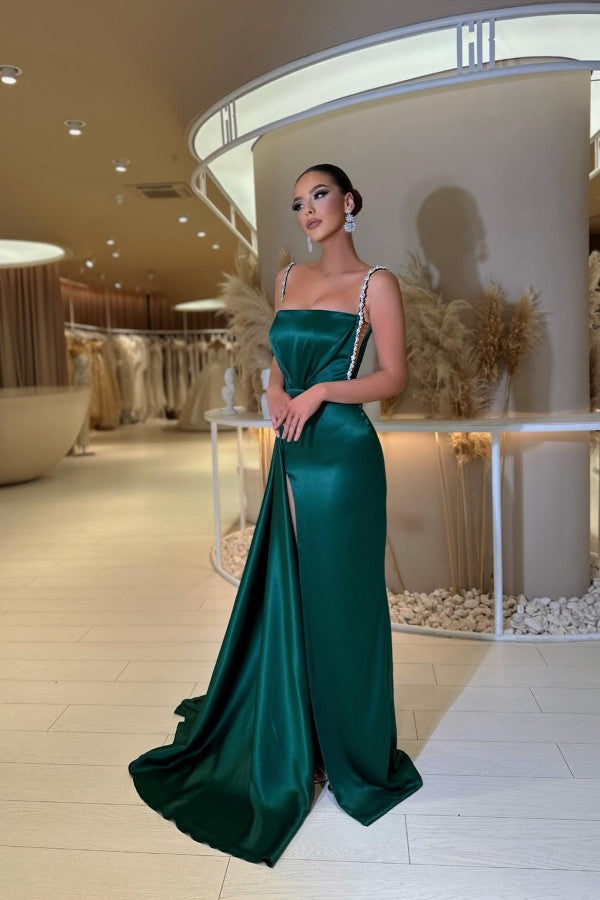 Dark Green Mermaid Spaghetti Straps Satin Long Beading Prom Dress with Slit