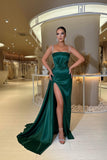 Dark Green Mermaid Spaghetti Straps Satin Long Beading Prom Dress with Slit