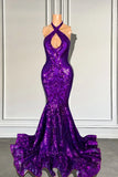 Dark Purple Mermaid Halter Satin Sequined long Prom Dresses with Appliques