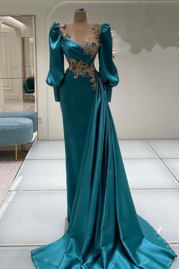 Mermaid Square Neckline Satin Long Appliques Lace Prom Dresses with Sleeves