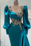 Mermaid Square Neckline Satin Long Appliques Lace Prom Dresses with Sleeves