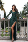 Long A-line Sweetheart Long Sleeves Sequined Prom Dresses With Split