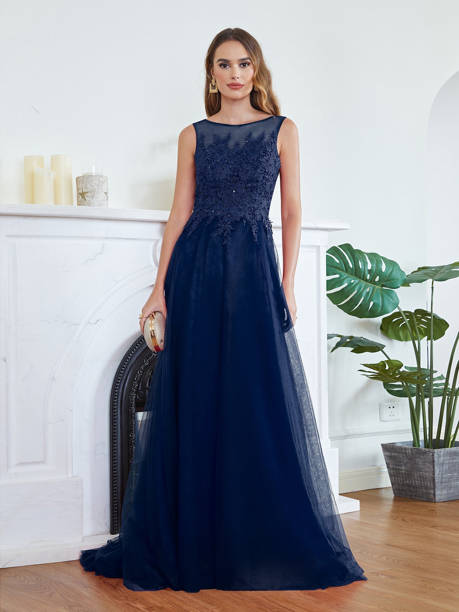 Long Sleeveless Round Neck Tulle A line Lace Appliques Bridesmaid Dress