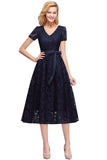 V Neck A Line Tea Length Floral Lace Formal Dress with Sleeves