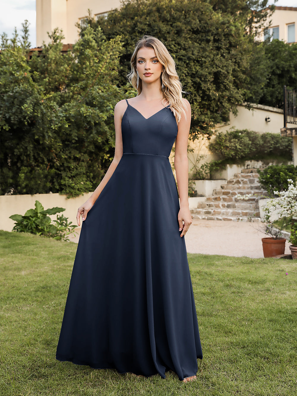 Long V-neck Backless Satin A-line Bridesmaid Dresses