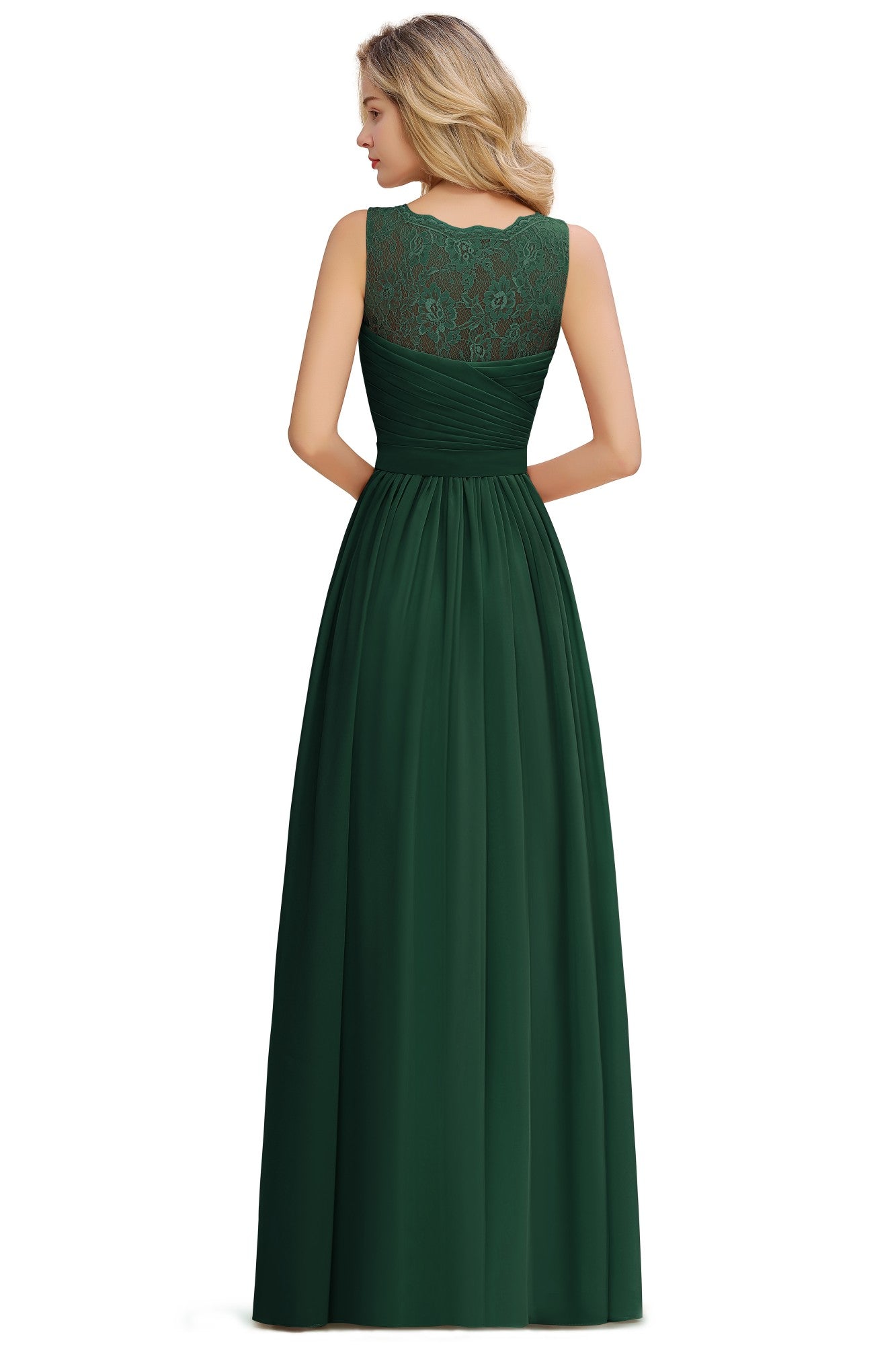 Long A line V-neck Ruffle Sleeveless Chiffon Bridesmaid Dress