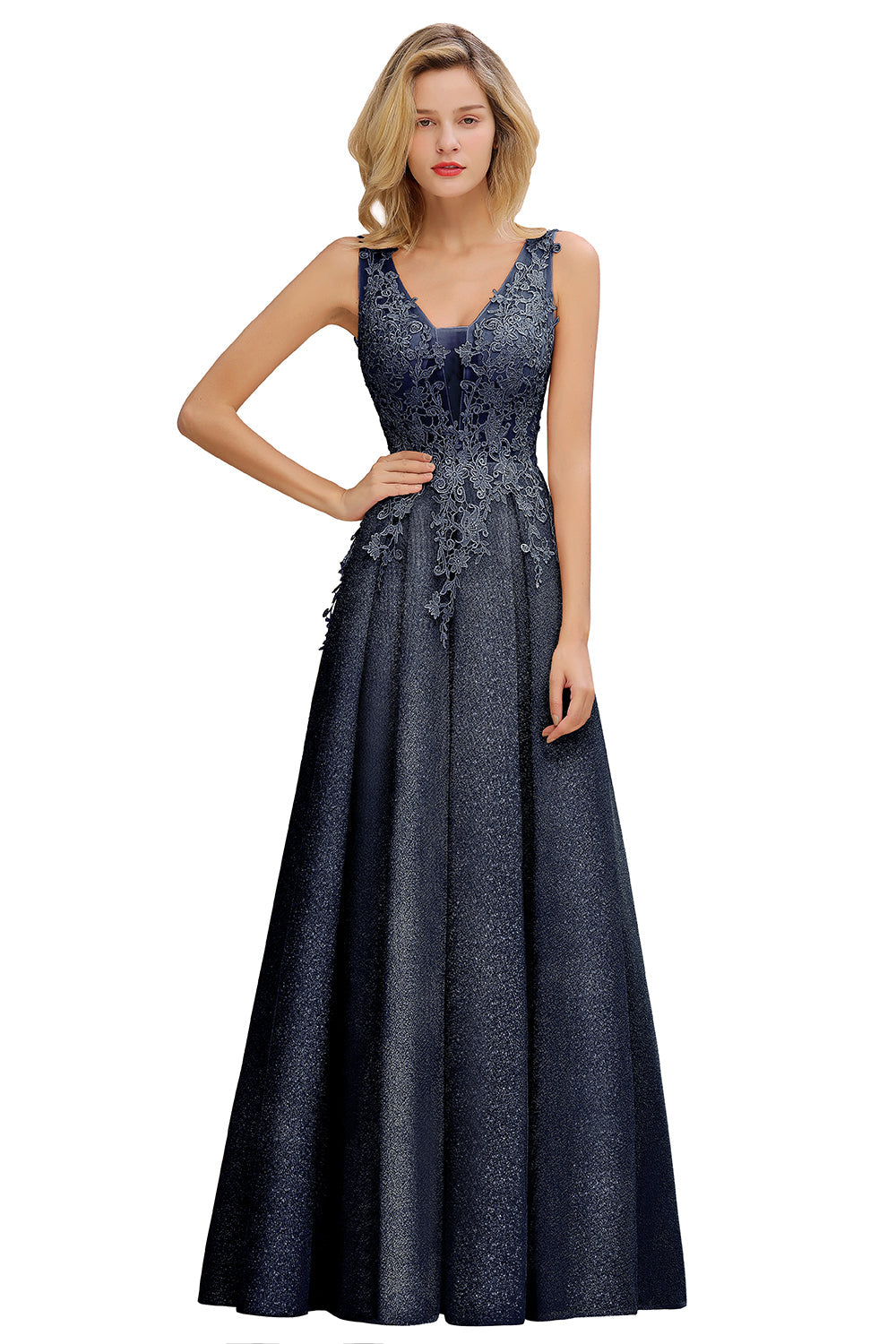 Long A Line V-Neck Sleeveless Tulle Lace Formal Dress with Appliques