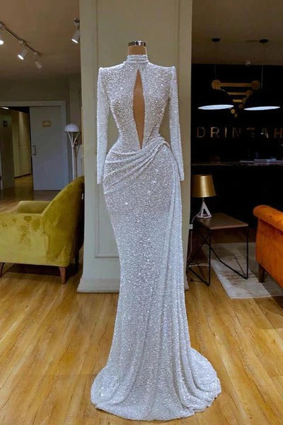 White Long Mermaid High Neck Long Sleeves Sequined Prom Dress