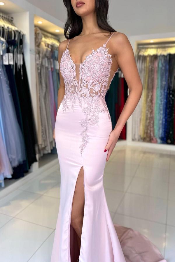 Sexy Mermaid V-Neck Sleeveless Applique Tulle Spaghetti Prom Dresses with Side Split