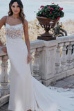 Formal Mermaid Sleeveless Spaghetti Backless Applique Wedding Dresses with Sweep Train