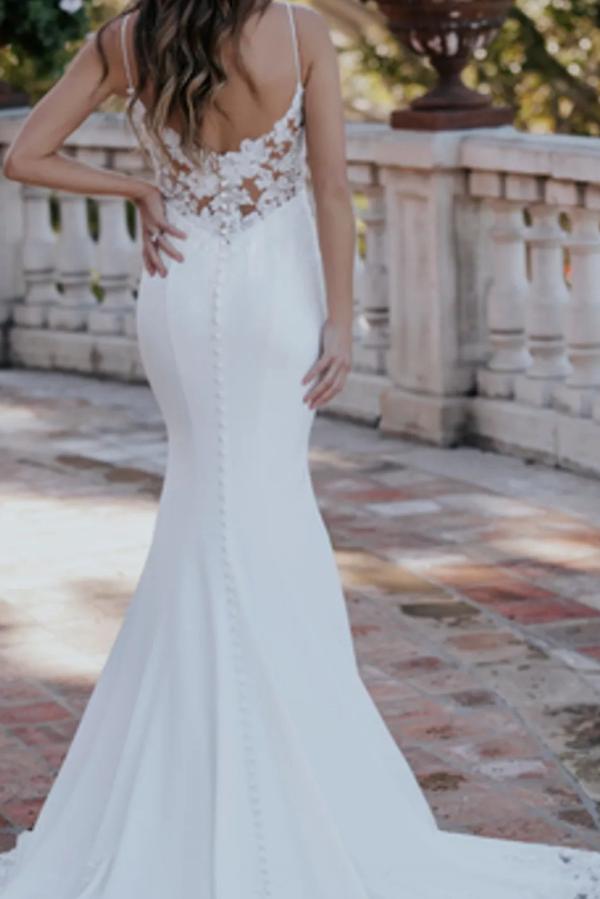 Formal Mermaid Sleeveless Spaghetti Backless Applique Wedding Dresses with Sweep Train