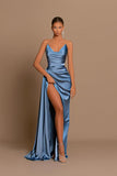 Simple Mermaid sweetheart sleeveless Satin Long prom dresses with high split