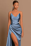 Simple Mermaid sweetheart sleeveless Satin Long prom dresses with high split