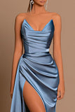 Simple Mermaid sweetheart sleeveless Satin Long prom dresses with high split