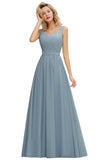 Long A line V-neck Ruffle Sleeveless Chiffon Bridesmaid Dress