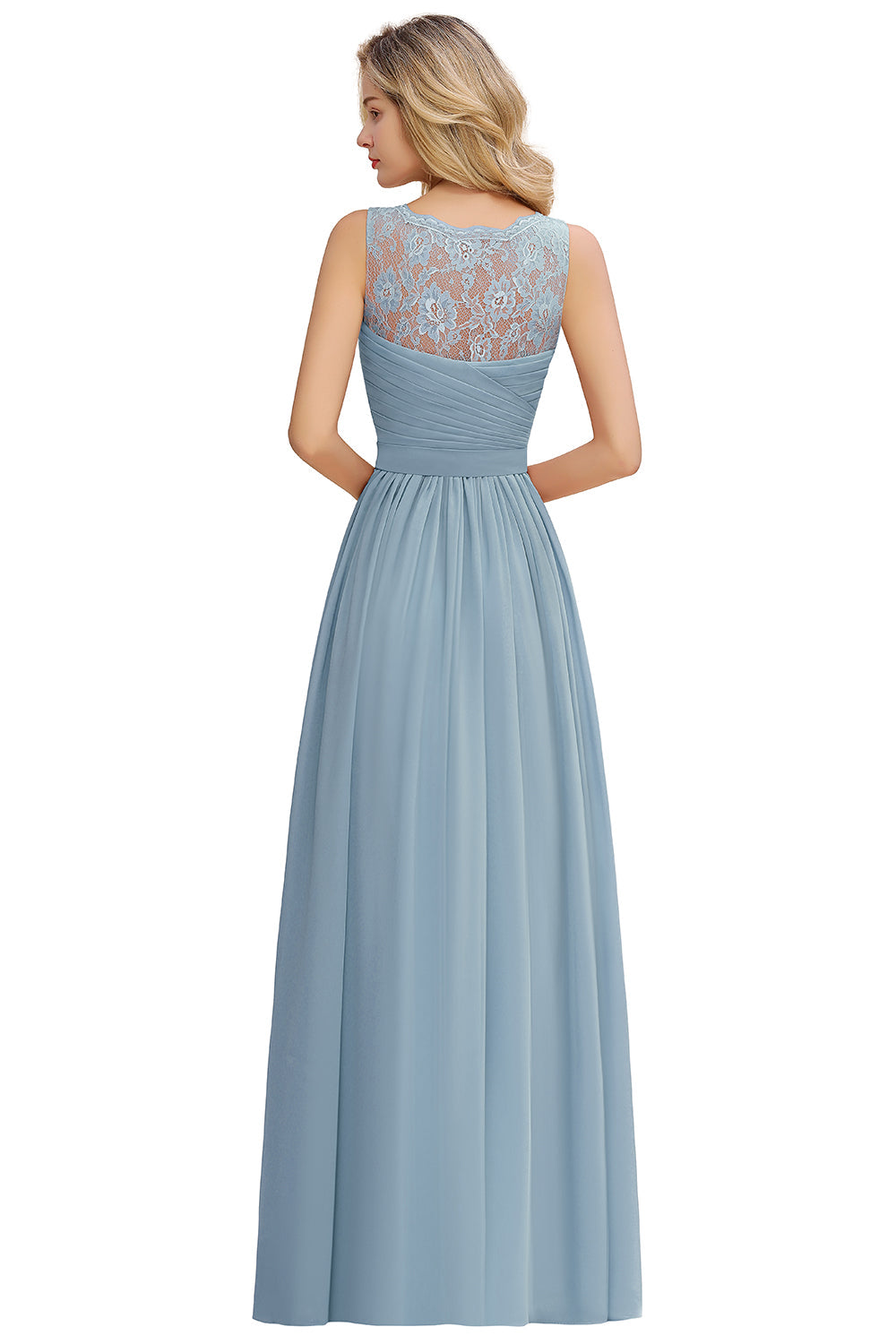 Long A line V-neck Ruffle Sleeveless Chiffon Bridesmaid Dress