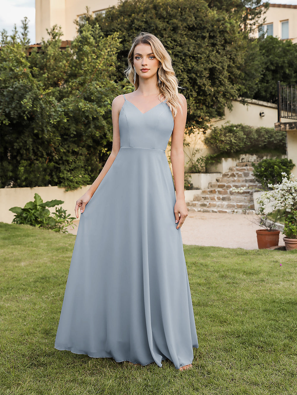 Long V-neck Backless Satin A-line Bridesmaid Dresses