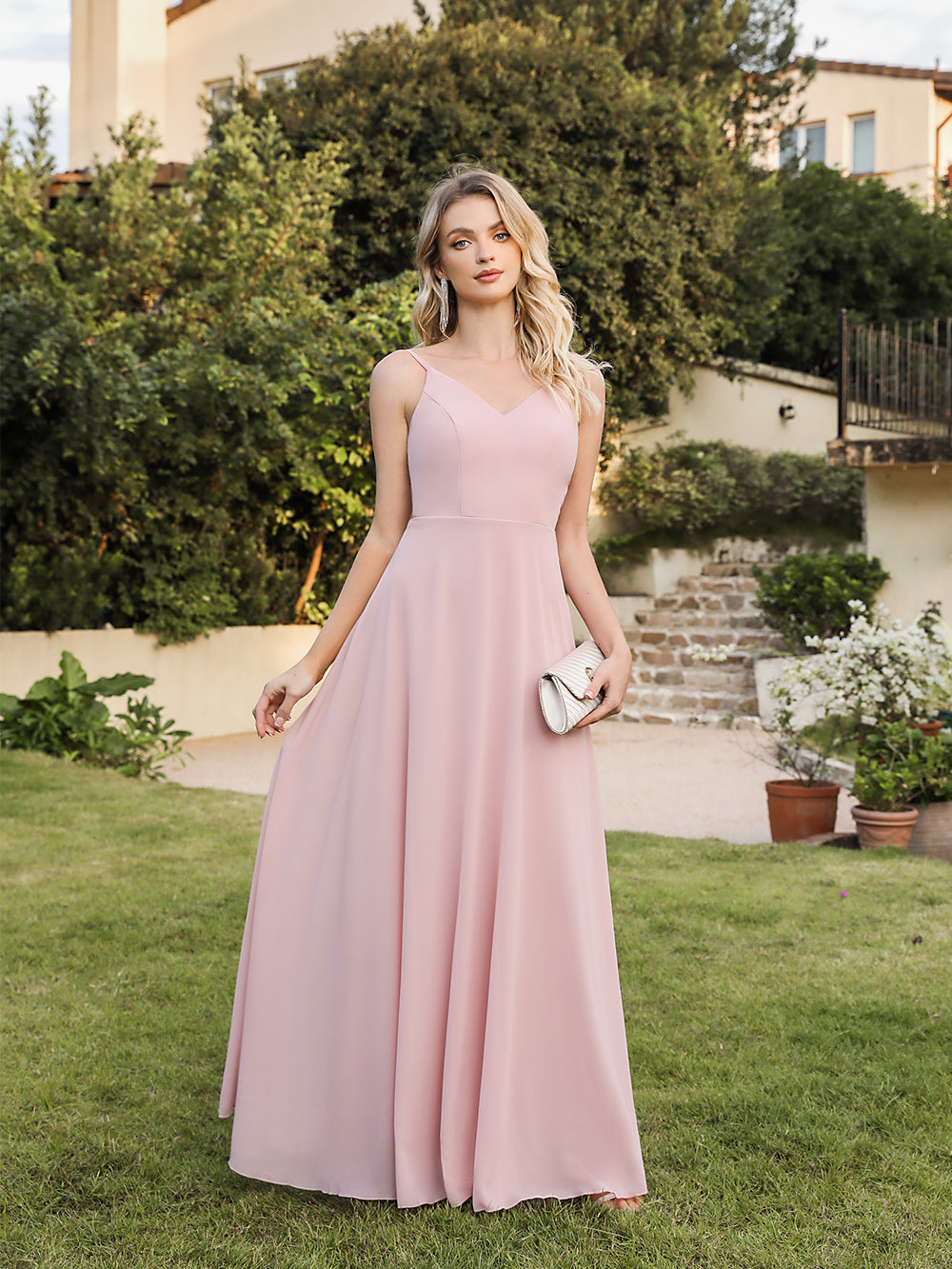 Long V-neck Backless Satin A-line Bridesmaid Dresses