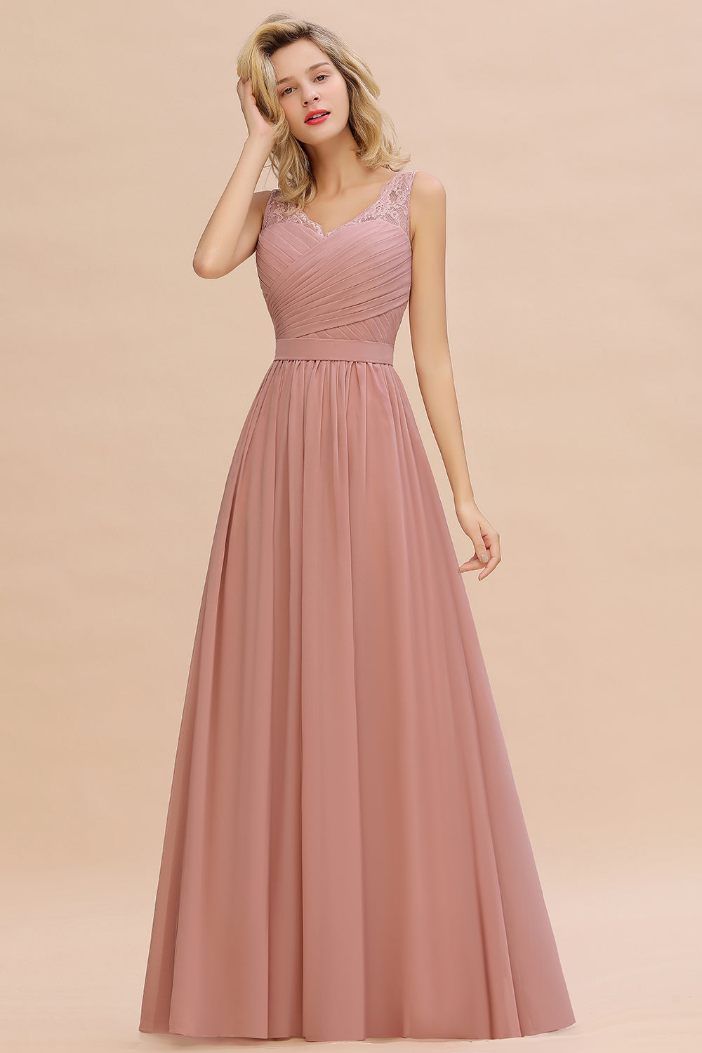 Long A line V-neck Ruffle Sleeveless Chiffon Bridesmaid Dress