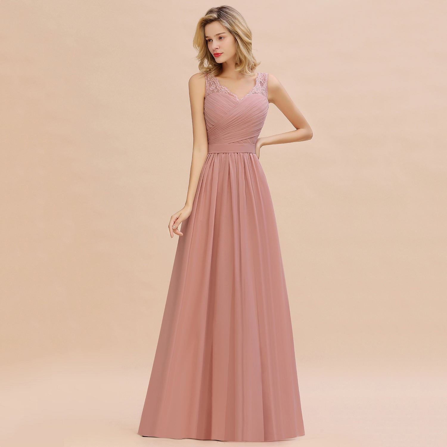 Long A line V-neck Ruffle Sleeveless Chiffon Bridesmaid Dress